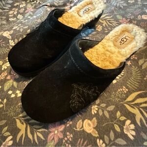 UGG Black Suede Shearling Mules